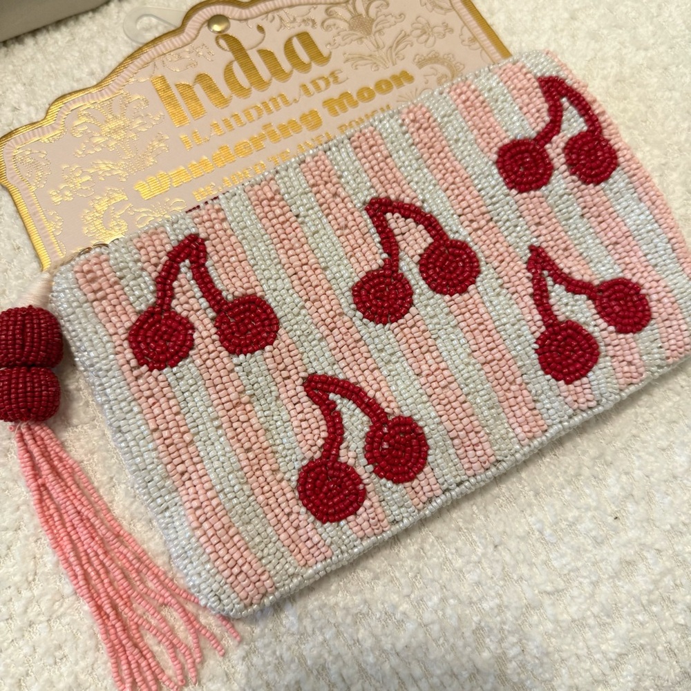 TJ Maxx Viral Cherry Beaded Clutch Zippered Bag - Pink and Red Striped Cherries
